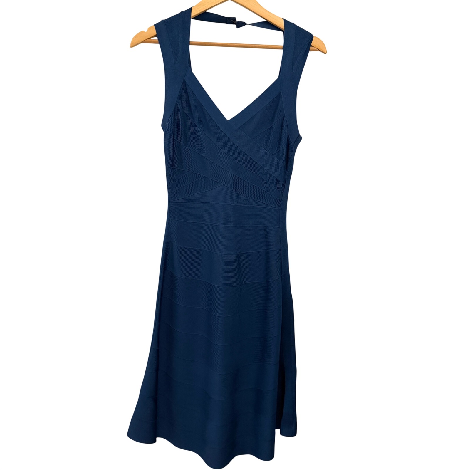 Herve Leger Bandage Dress Womens Small Teal Blue Excellent Fit And Flare V-Neck
